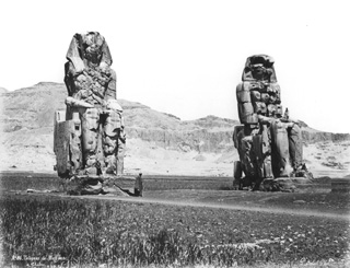 Sebah, J. P., The Theban west bank, the Memnon Colossi (before 1874
[Gr. Inst. 3366 in an album dated 1873-4.]) (Enlarged image size=36Kb)