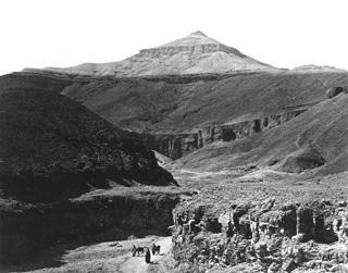 Frith, F. [Included, with 1856 on the mount, in an album labelled Historical Photographs. Egypt. Frith's Universal Series, folio iii, in Sackler Library, Oxford, 327 Fri la fol.], The Theban west bank, the Valley of the Kings (1856-60
[The dates of Frith's visits to Egypt.]) (Enlarged image size=37Kb)