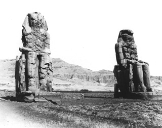 Sebah, J. P., The Theban west bank, the Memnon Colossi (c.1895
[Estimated date.]) (Enlarged image size=34Kb)